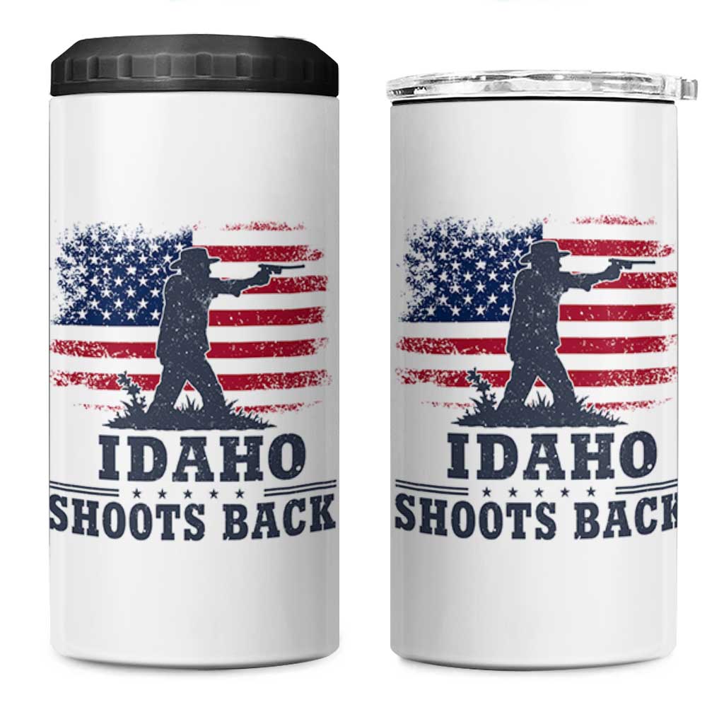 Idaho Shoots Back Distressed American Flag 4 in 1 Can Cooler Tumbler Cowboy Gunslinger Graphic