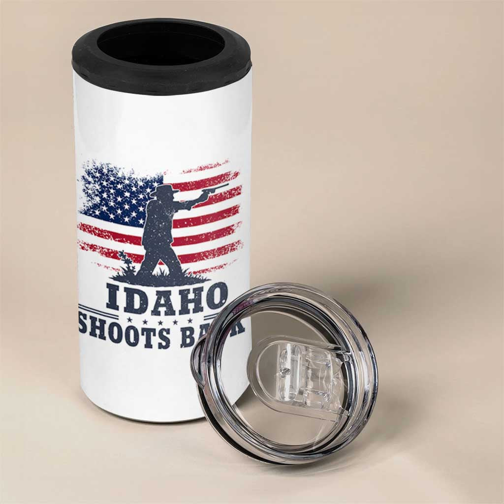 Idaho Shoots Back Distressed American Flag 4 in 1 Can Cooler Tumbler Cowboy Gunslinger Graphic