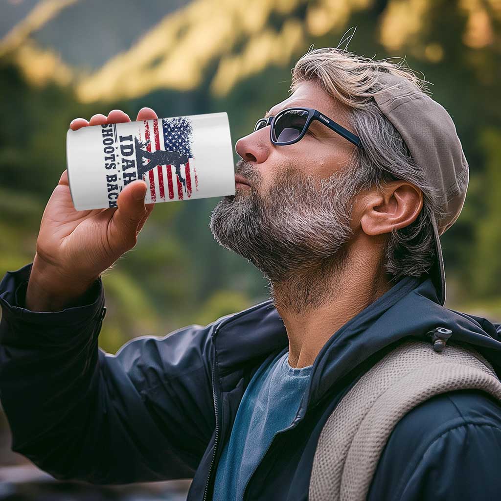 Idaho Shoots Back Distressed American Flag 4 in 1 Can Cooler Tumbler Cowboy Gunslinger Graphic