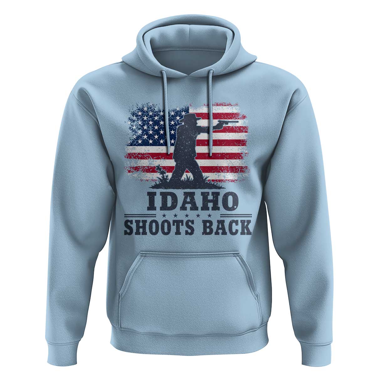 Idaho Shoots Back Distressed American Flag Hoodie Cowboy Gunslinger Graphic
