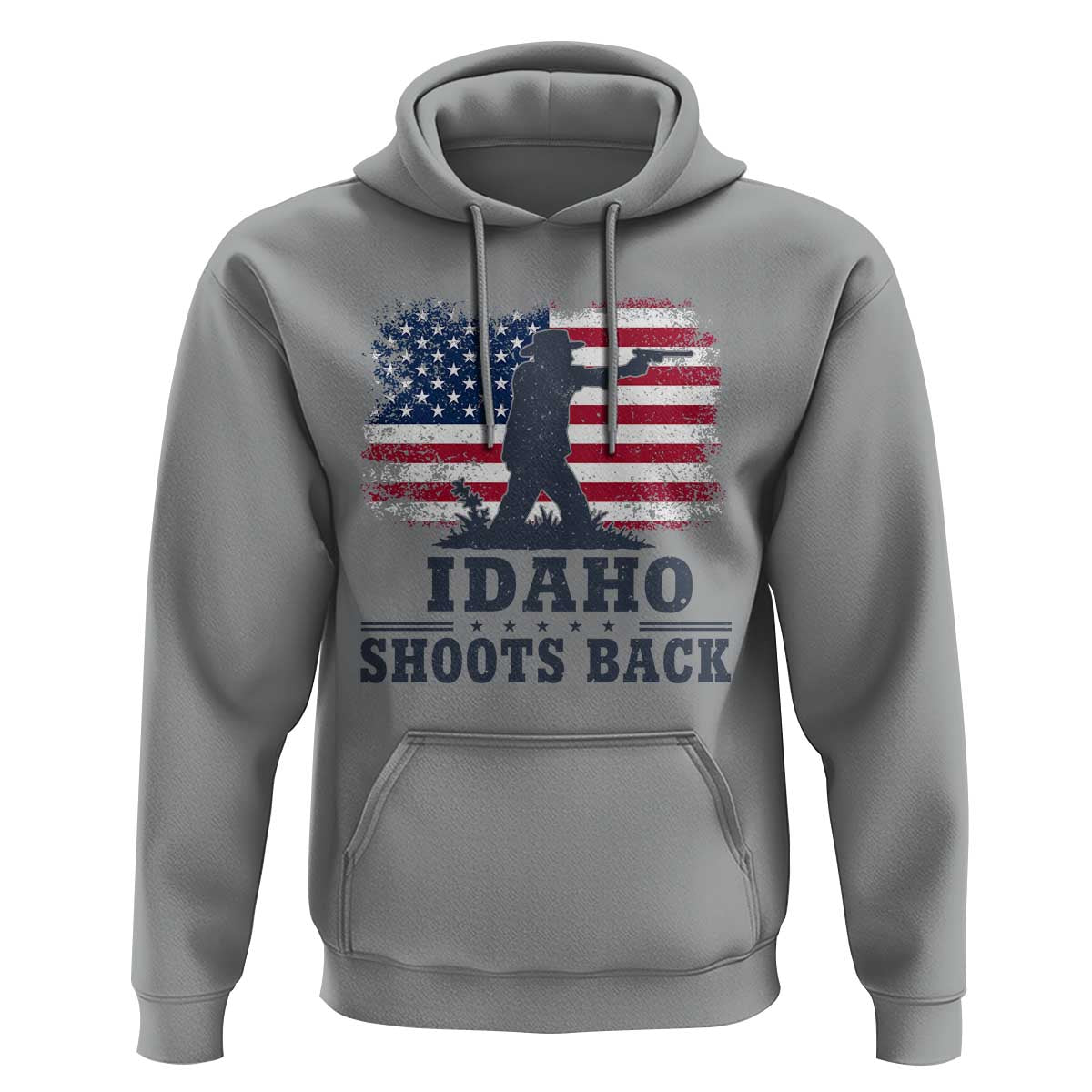 Idaho Shoots Back Distressed American Flag Hoodie Cowboy Gunslinger Graphic