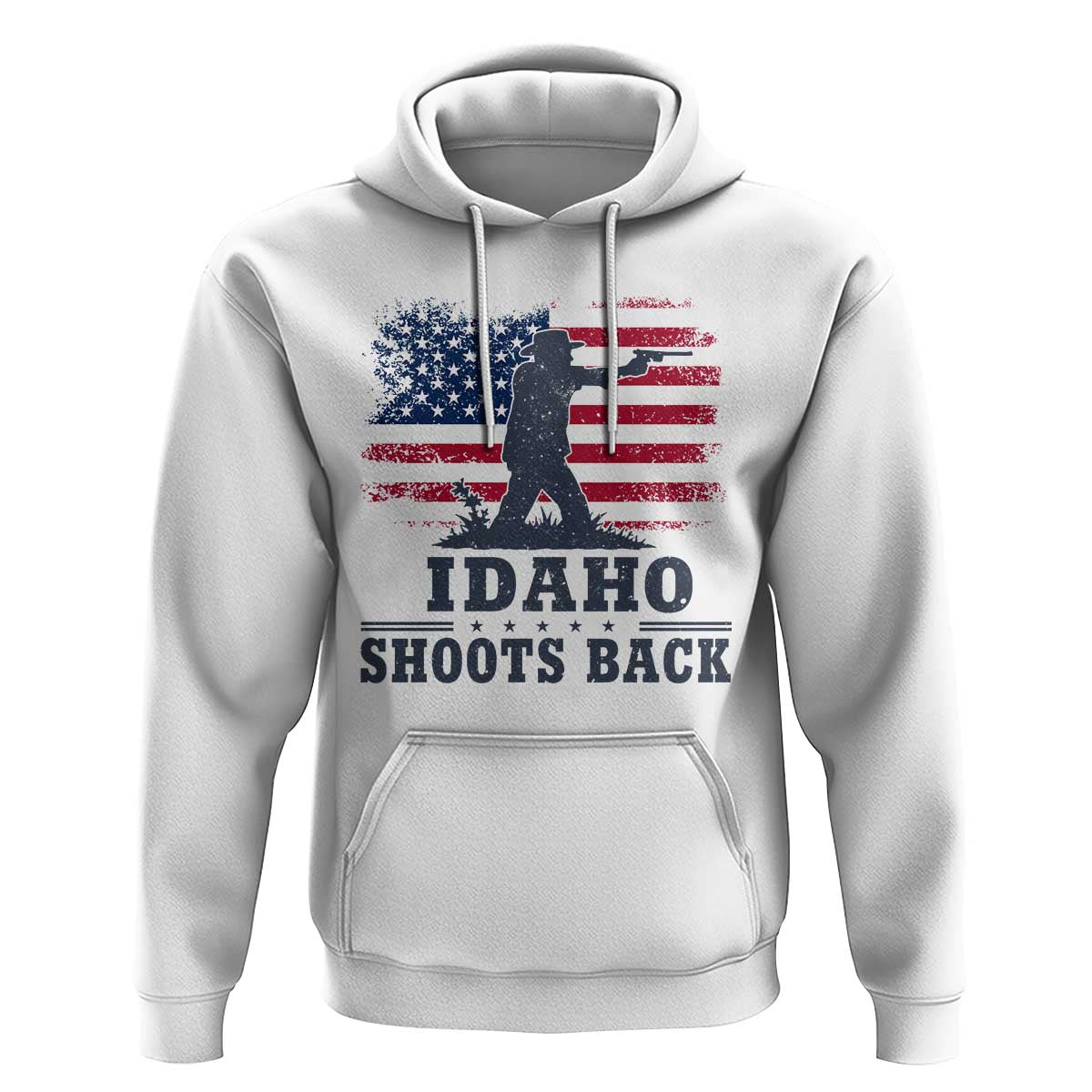 Idaho Shoots Back Distressed American Flag Hoodie Cowboy Gunslinger Graphic