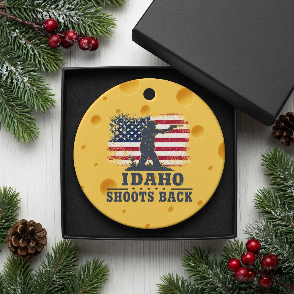 Idaho Shoots Back Distressed American Flag Ceramic Ornament Cowboy Gunslinger Graphic