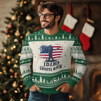 Idaho Shoots Back Distressed American Flag Ugly Christmas Sweater Cowboy Gunslinger Graphic