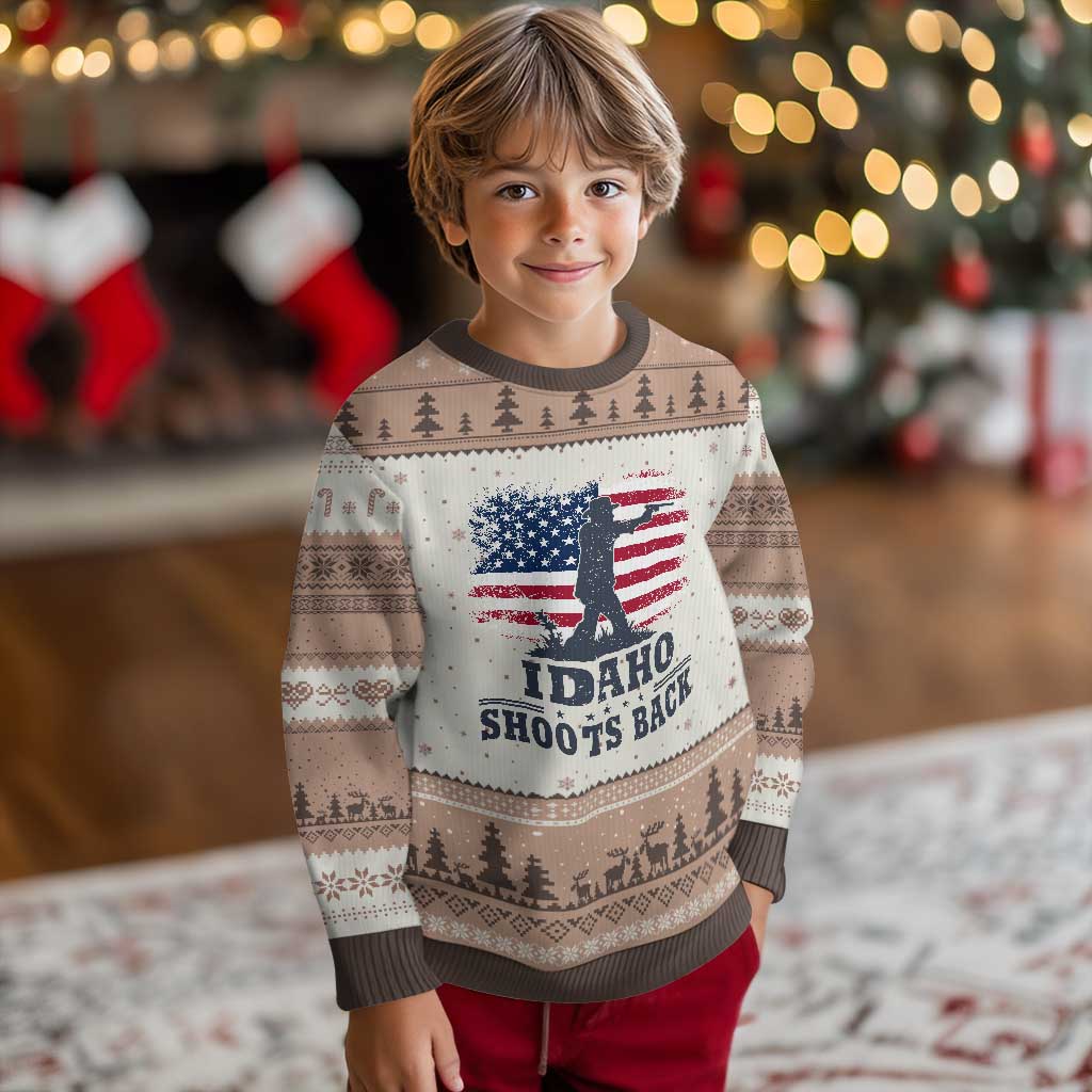 Idaho Shoots Back Distressed American Flag Ugly Christmas Sweater Cowboy Gunslinger Graphic