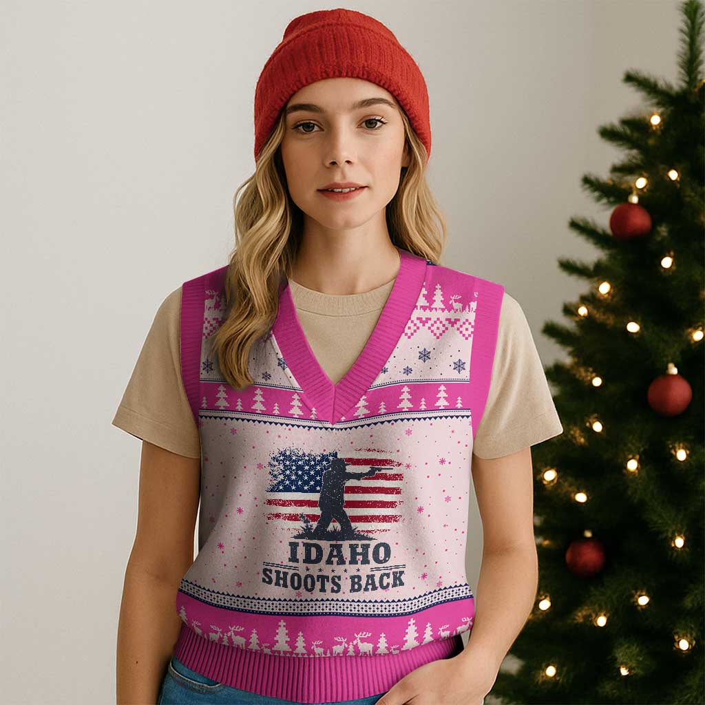 Idaho Shoots Back Distressed American Flag V-Neck Knit Sweater Vest Cowboy Gunslinger Graphic