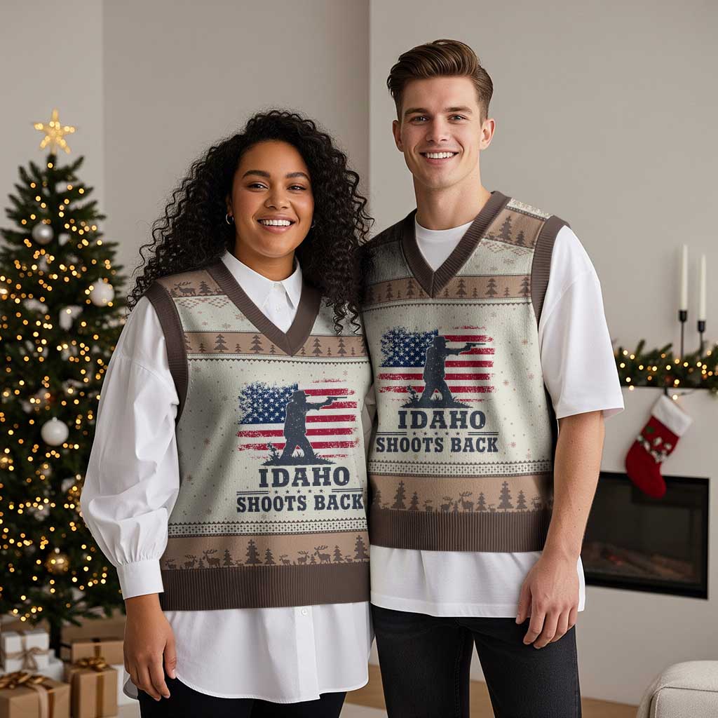 Idaho Shoots Back Distressed American Flag V-Neck Knit Sweater Vest Cowboy Gunslinger Graphic
