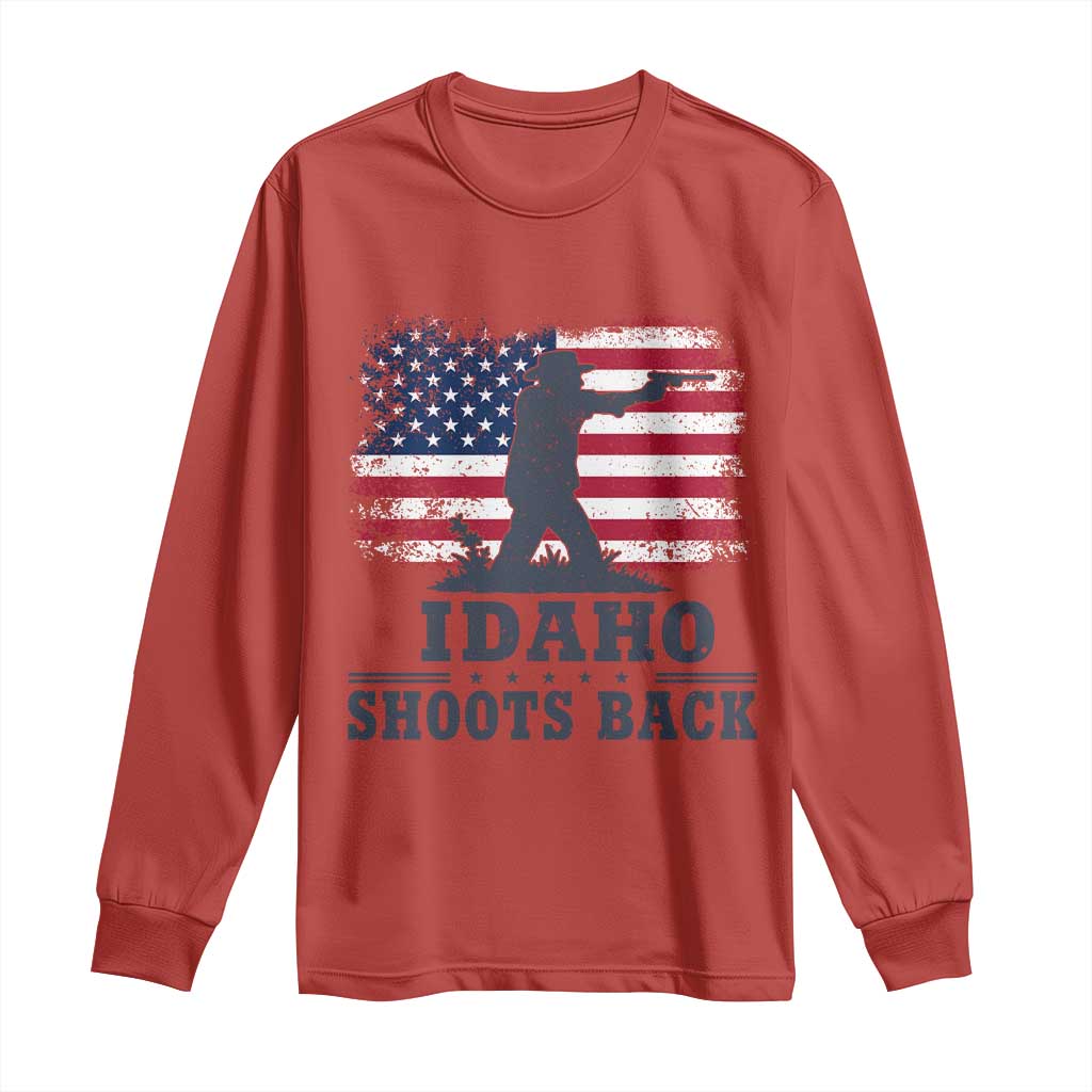 Idaho Shoots Back Distressed American Flag Long Sleeve Shirt Cowboy Gunslinger Graphic