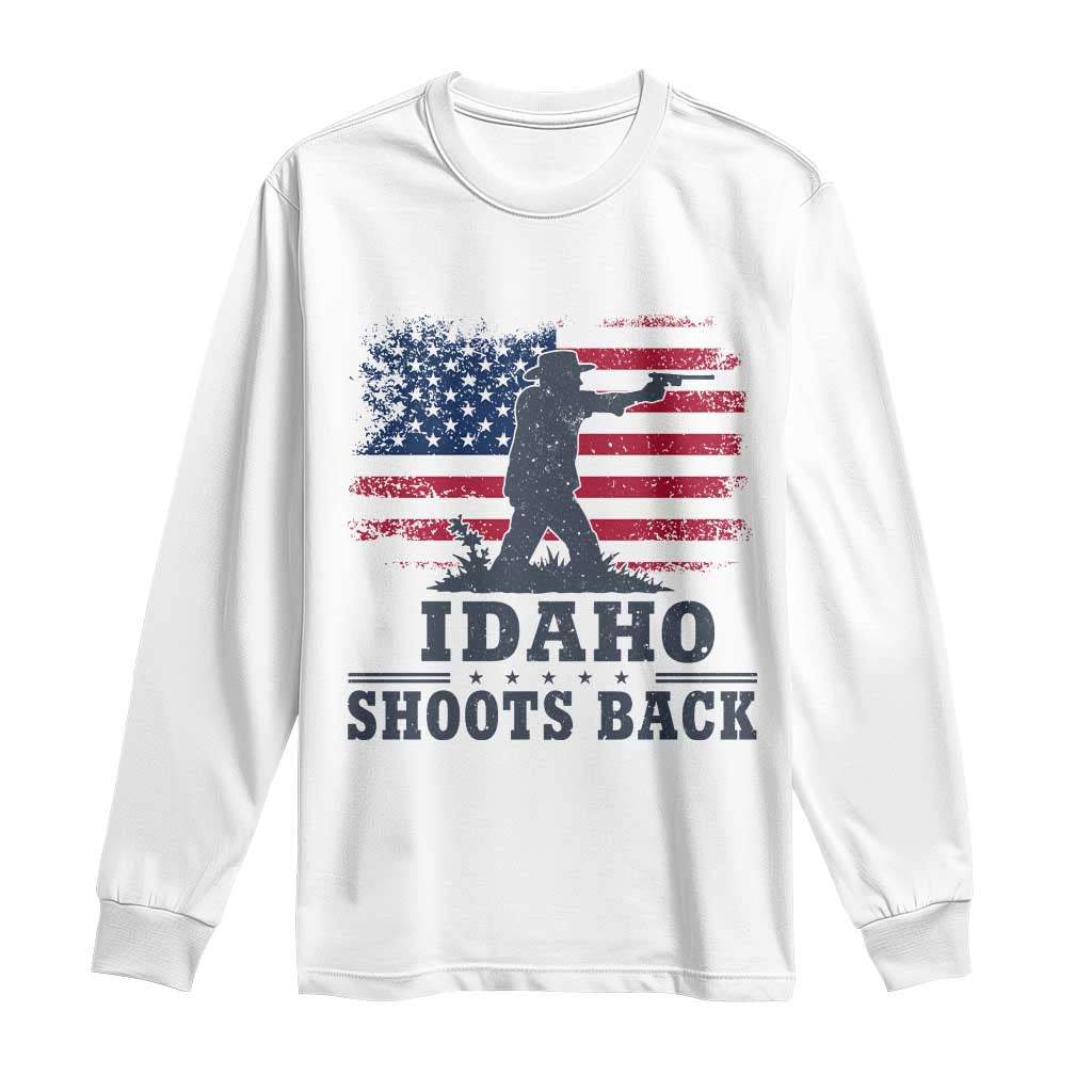 Idaho Shoots Back Distressed American Flag Long Sleeve Shirt Cowboy Gunslinger Graphic