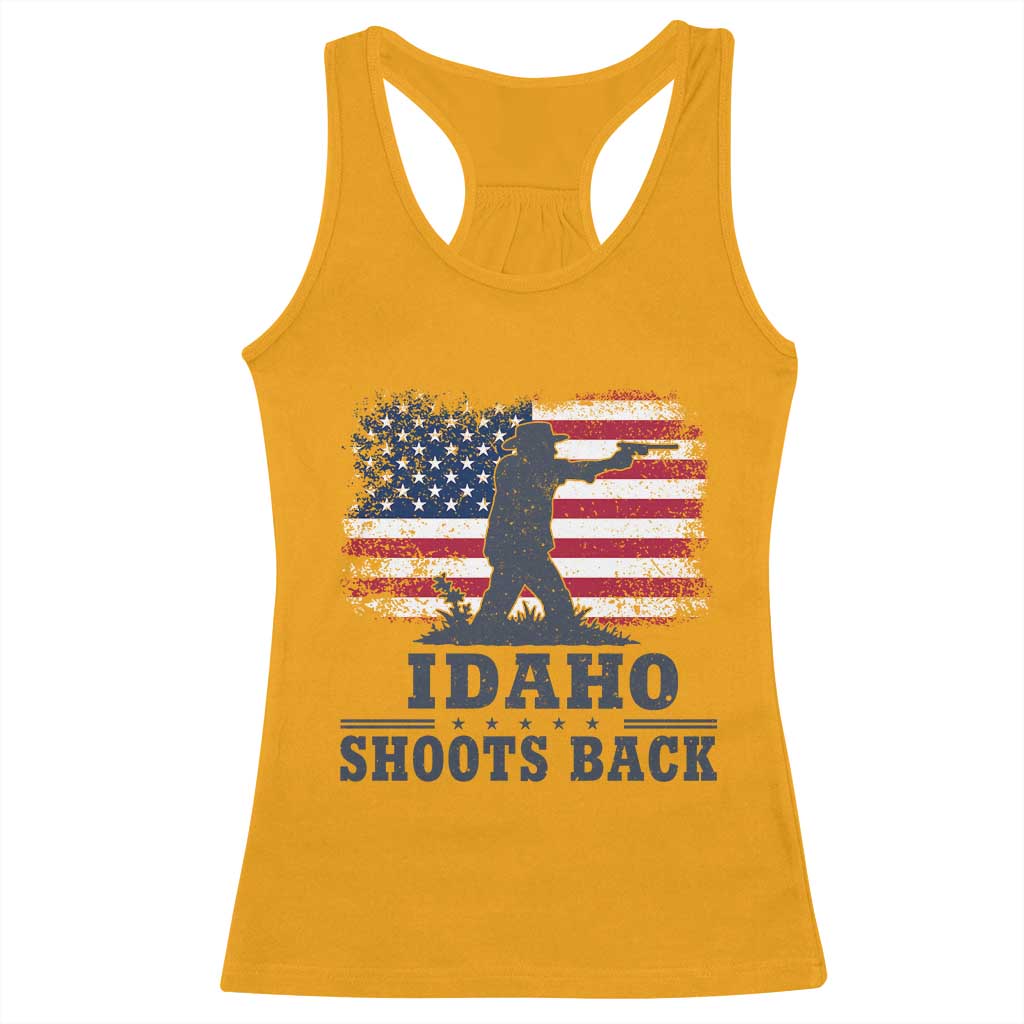 Idaho Shoots Back Distressed American Flag Racerback Tank Top Cowboy Gunslinger Graphic