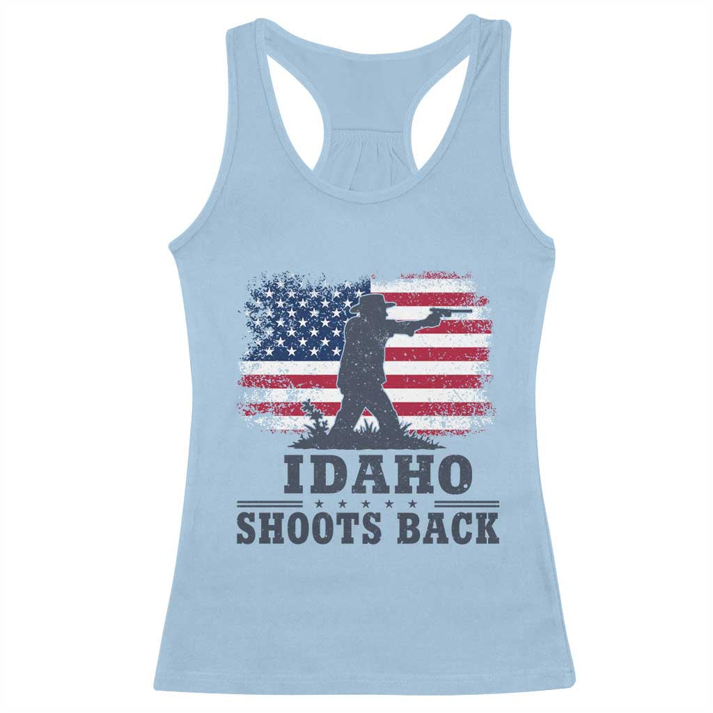 Idaho Shoots Back Distressed American Flag Racerback Tank Top Cowboy Gunslinger Graphic
