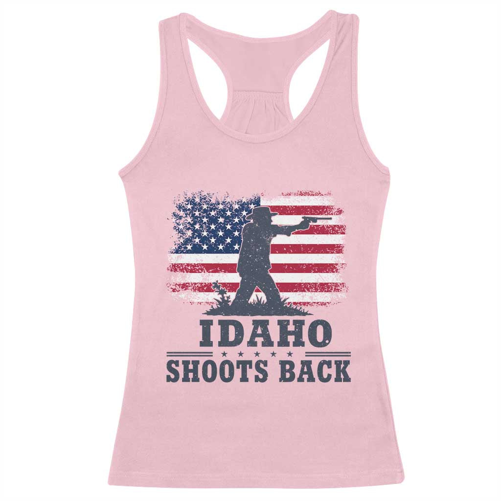 Idaho Shoots Back Distressed American Flag Racerback Tank Top Cowboy Gunslinger Graphic