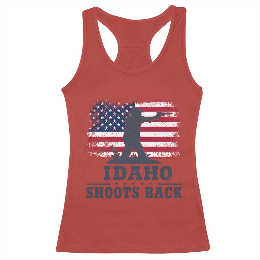 Idaho Shoots Back Distressed American Flag Racerback Tank Top Cowboy Gunslinger Graphic