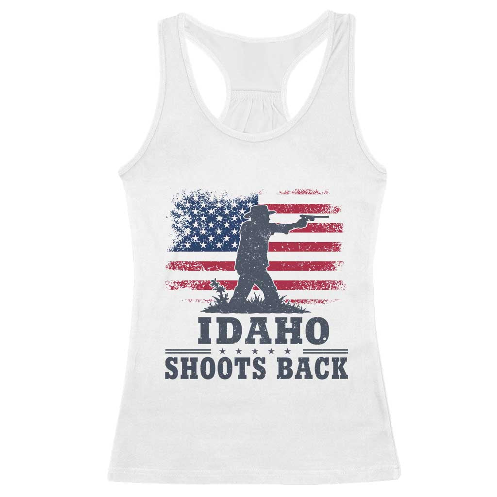 Idaho Shoots Back Distressed American Flag Racerback Tank Top Cowboy Gunslinger Graphic