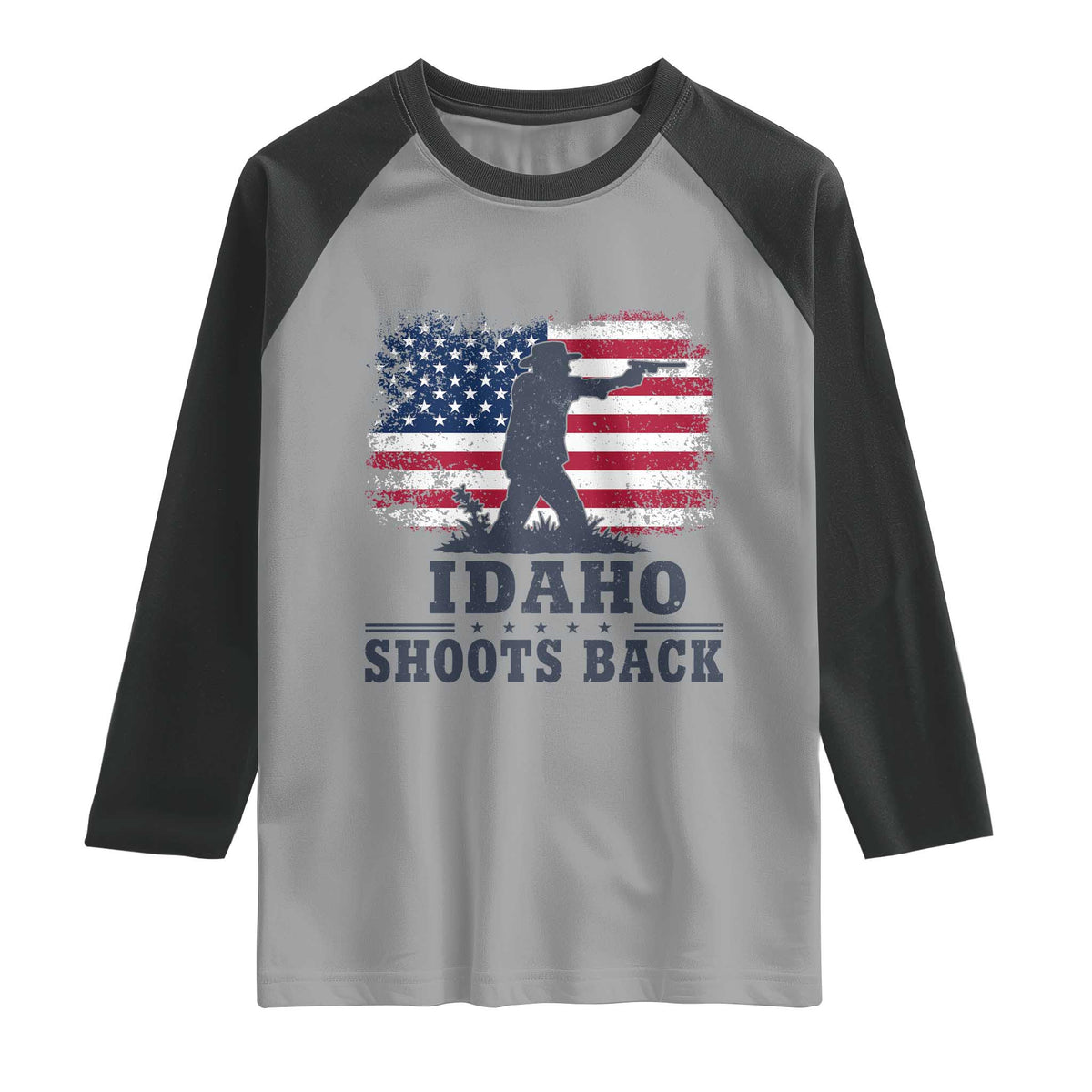 Idaho Shoots Back Distressed American Flag Raglan Shirt Cowboy Gunslinger Graphic