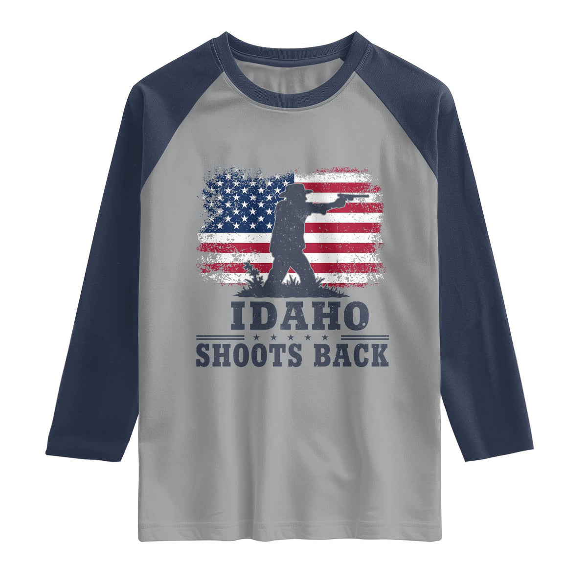 Idaho Shoots Back Distressed American Flag Raglan Shirt Cowboy Gunslinger Graphic