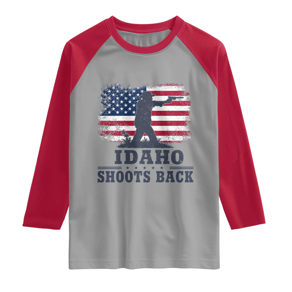 Idaho Shoots Back Distressed American Flag Raglan Shirt Cowboy Gunslinger Graphic