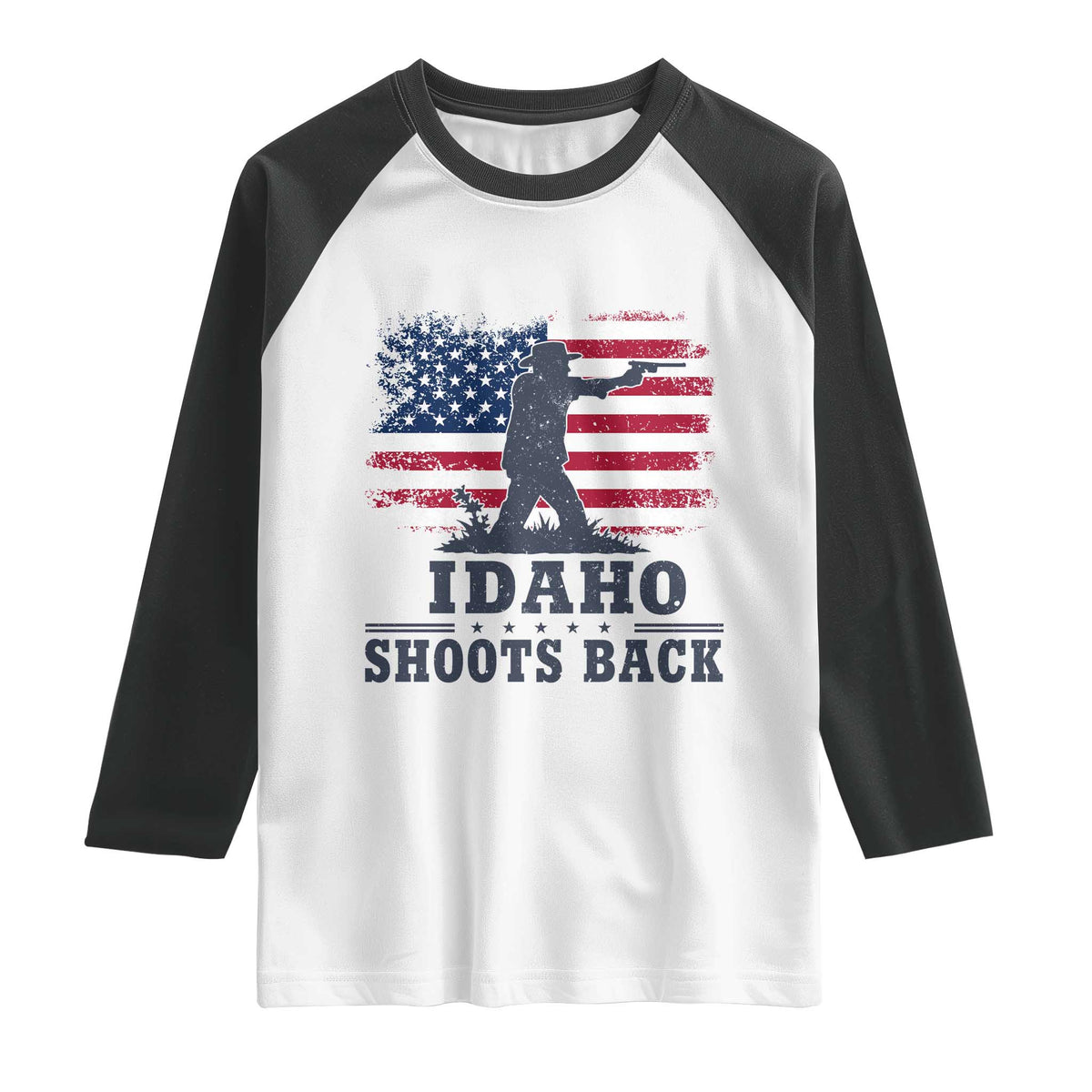 Idaho Shoots Back Distressed American Flag Raglan Shirt Cowboy Gunslinger Graphic