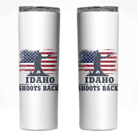 Idaho Shoots Back Distressed American Flag Skinny Tumbler Cowboy Gunslinger Graphic
