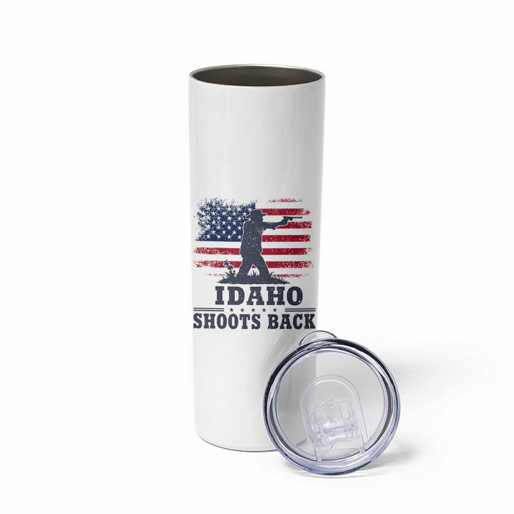 Idaho Shoots Back Distressed American Flag Skinny Tumbler Cowboy Gunslinger Graphic