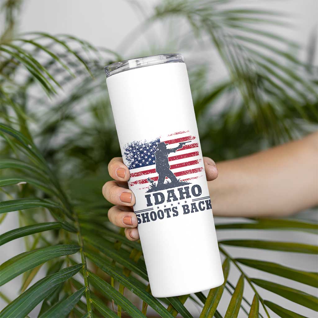 Idaho Shoots Back Distressed American Flag Skinny Tumbler Cowboy Gunslinger Graphic