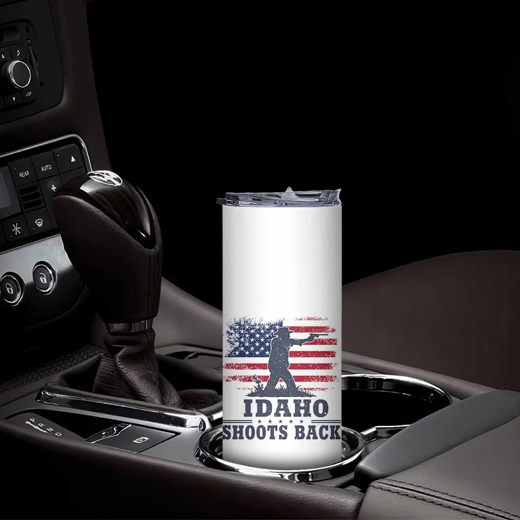 Idaho Shoots Back Distressed American Flag Skinny Tumbler Cowboy Gunslinger Graphic