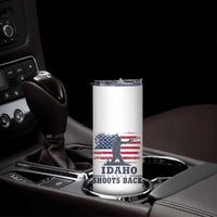 Idaho Shoots Back Distressed American Flag Skinny Tumbler Cowboy Gunslinger Graphic