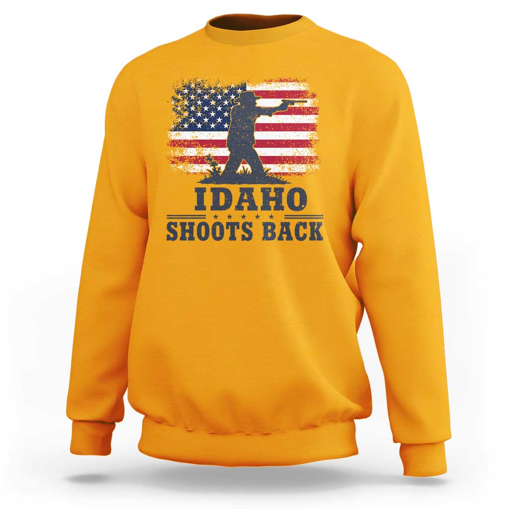 Idaho Shoots Back Distressed American Flag Sweatshirt Cowboy Gunslinger Graphic