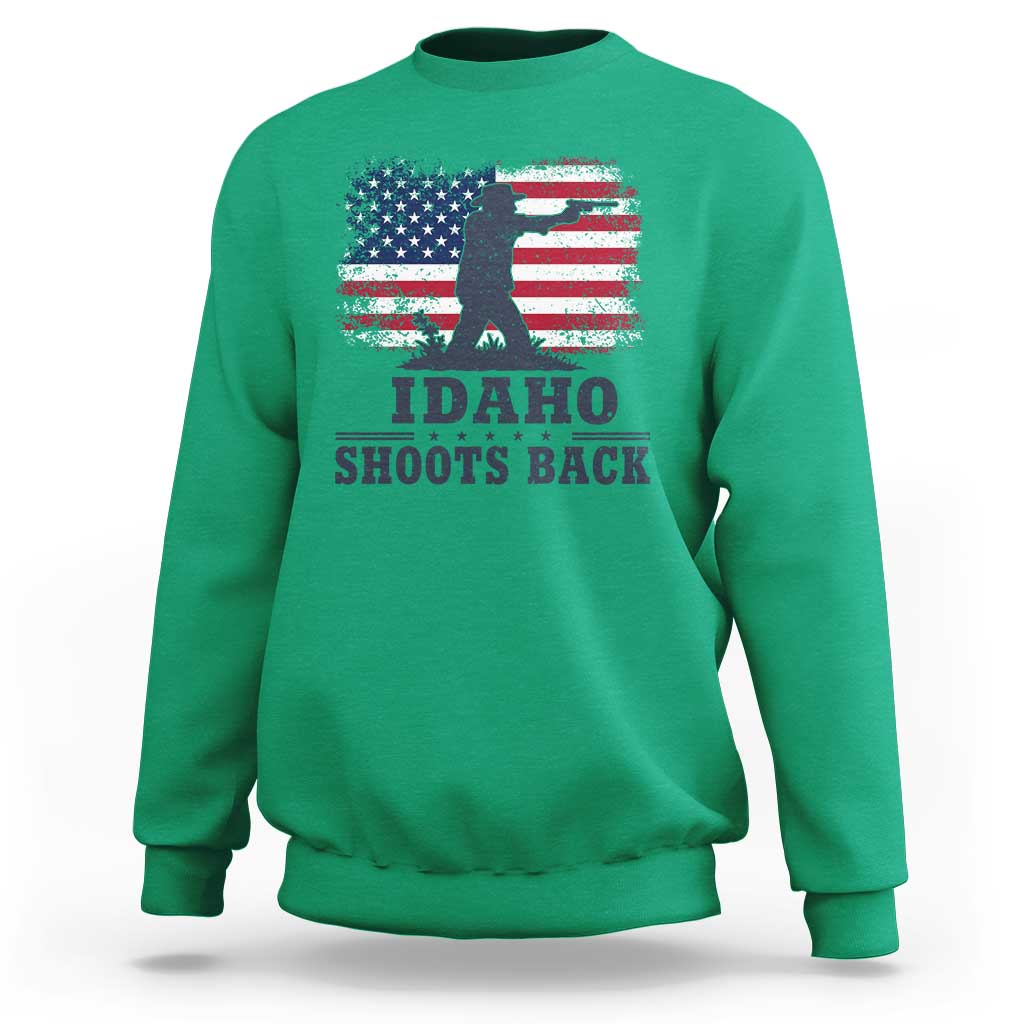 Idaho Shoots Back Distressed American Flag Sweatshirt Cowboy Gunslinger Graphic