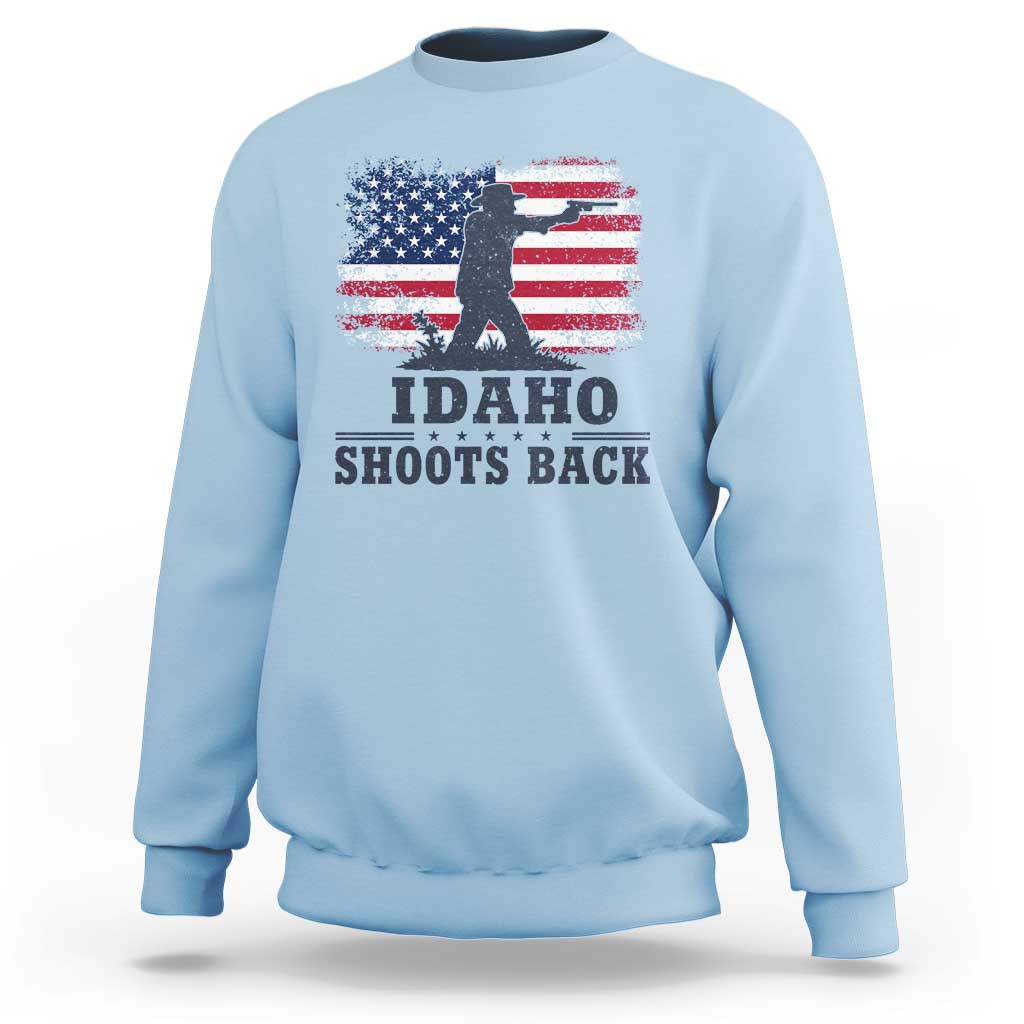 Idaho Shoots Back Distressed American Flag Sweatshirt Cowboy Gunslinger Graphic