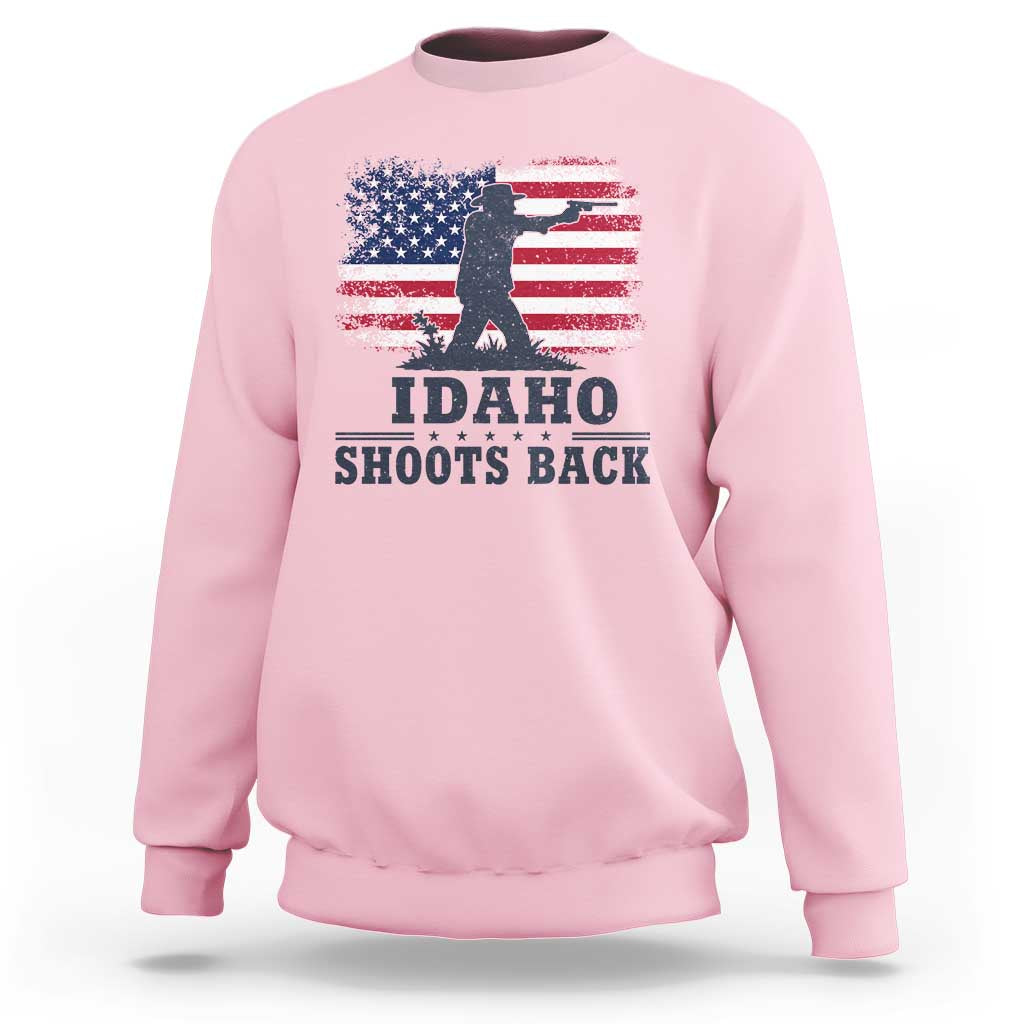 Idaho Shoots Back Distressed American Flag Sweatshirt Cowboy Gunslinger Graphic