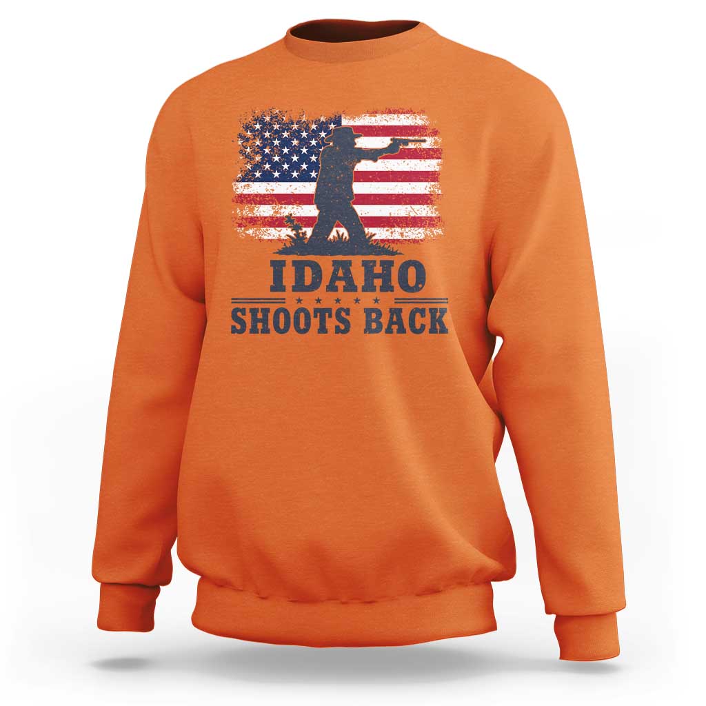 Idaho Shoots Back Distressed American Flag Sweatshirt Cowboy Gunslinger Graphic