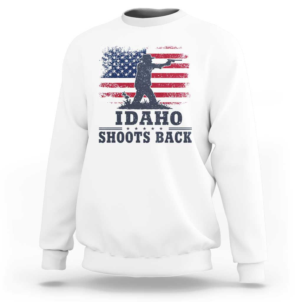 Idaho Shoots Back Distressed American Flag Sweatshirt Cowboy Gunslinger Graphic