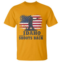 Idaho Shoots Back Distressed American Flag T Shirt Cowboy Gunslinger Graphic