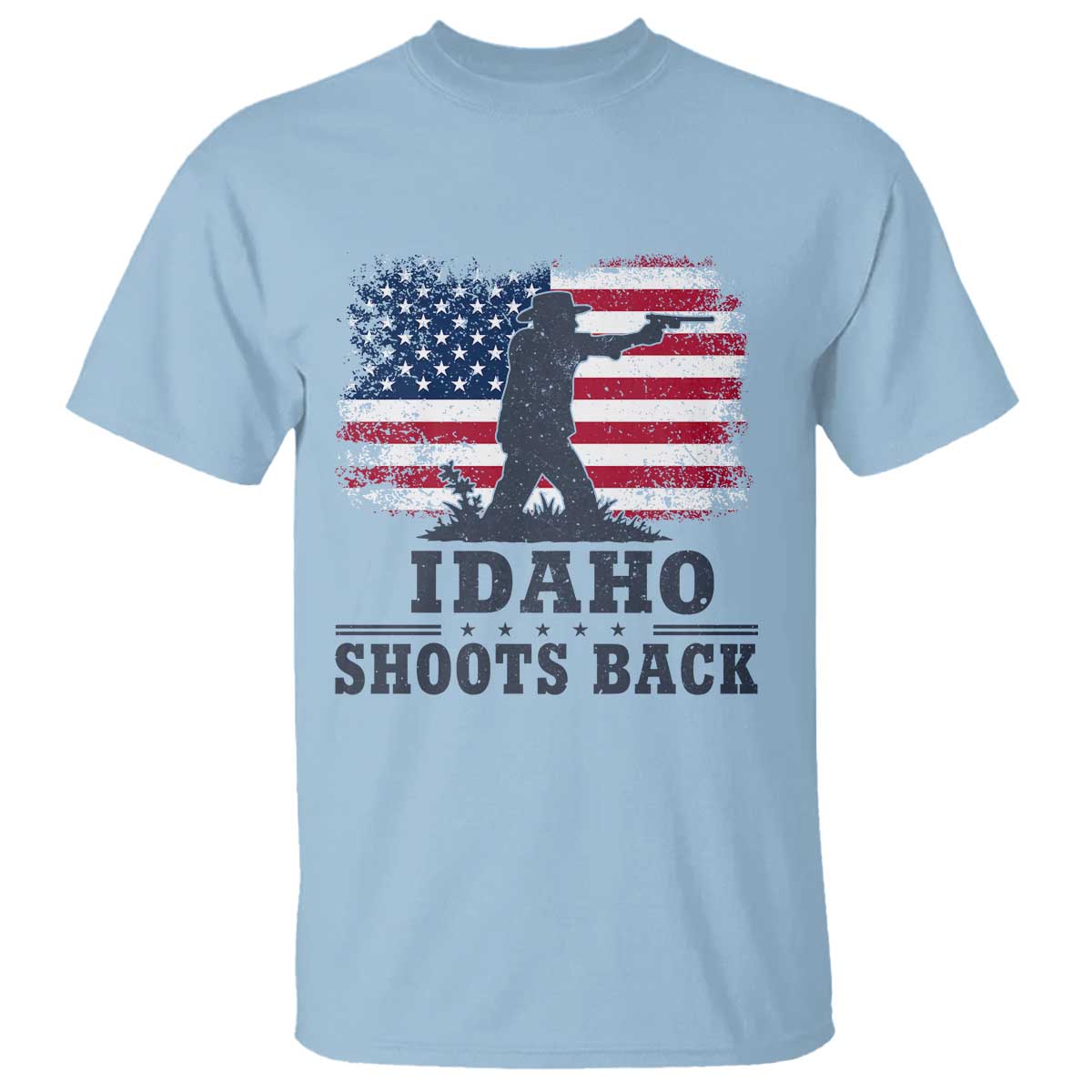 Idaho Shoots Back Distressed American Flag T Shirt Cowboy Gunslinger Graphic