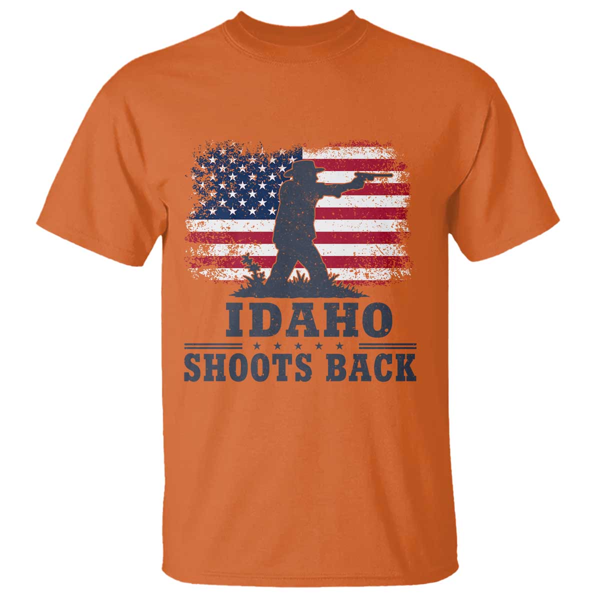 Idaho Shoots Back Distressed American Flag T Shirt Cowboy Gunslinger Graphic