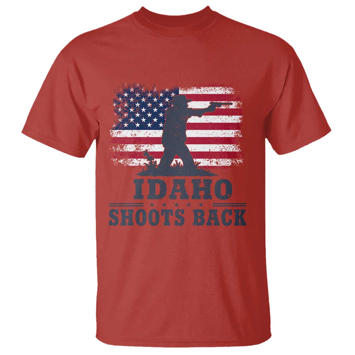 Idaho Shoots Back Distressed American Flag T Shirt Cowboy Gunslinger Graphic