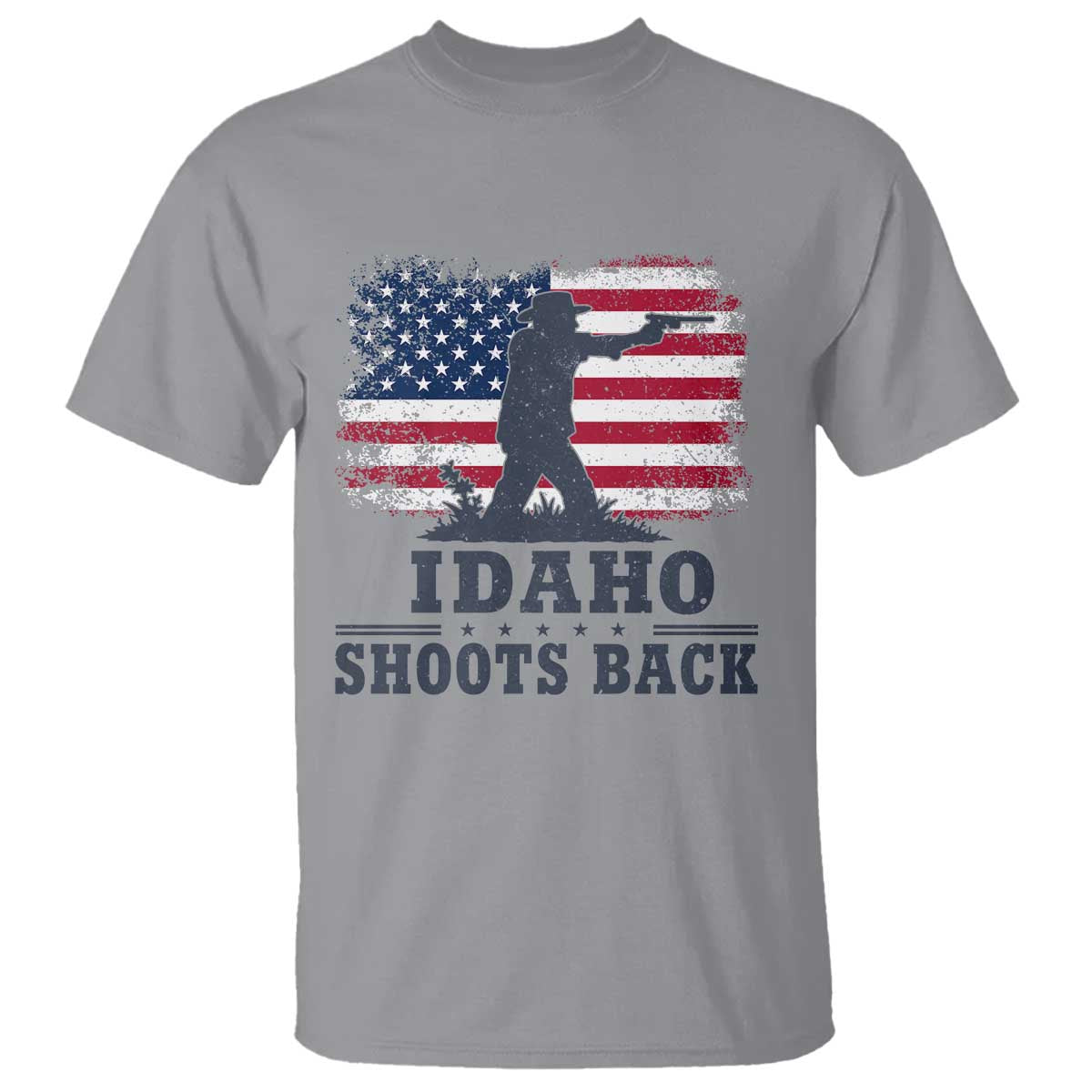 Idaho Shoots Back Distressed American Flag T Shirt Cowboy Gunslinger Graphic