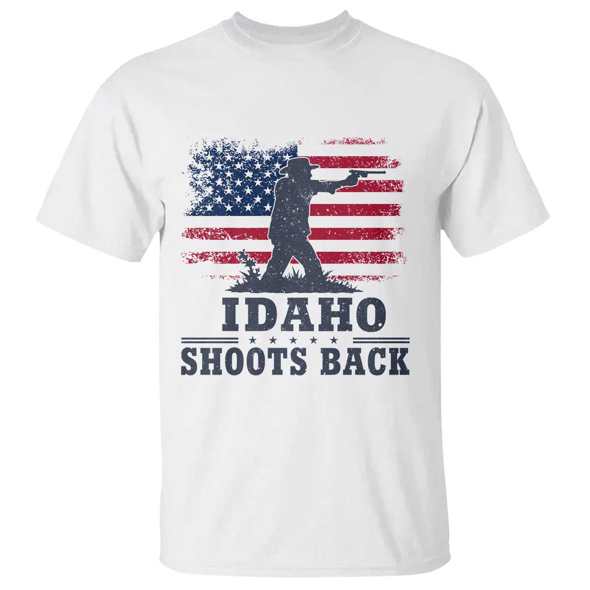 Idaho Shoots Back Distressed American Flag T Shirt Cowboy Gunslinger Graphic