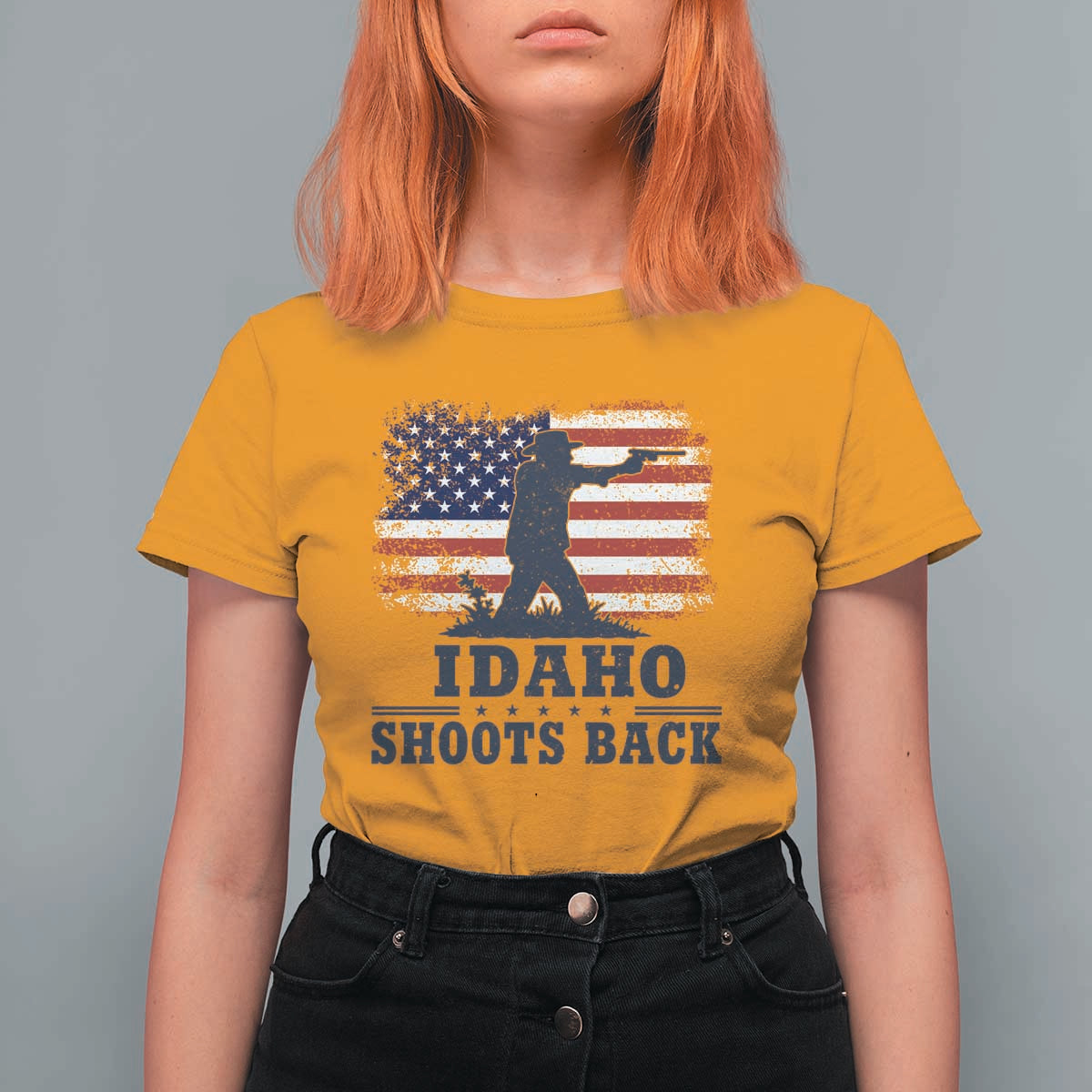 Idaho Shoots Back Distressed American Flag T Shirt For Women Cowboy Gunslinger Graphic
