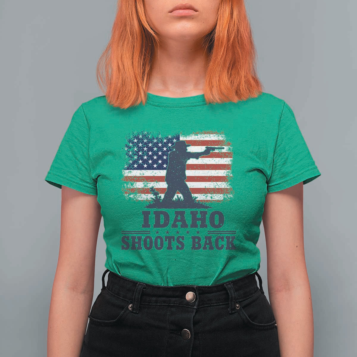 Idaho Shoots Back Distressed American Flag T Shirt For Women Cowboy Gunslinger Graphic