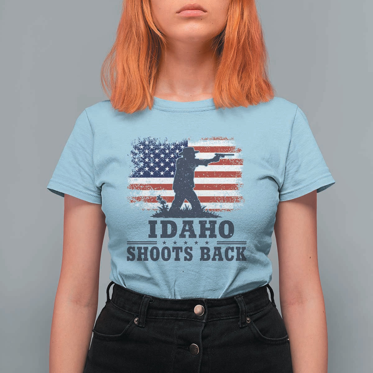 Idaho Shoots Back Distressed American Flag T Shirt For Women Cowboy Gunslinger Graphic