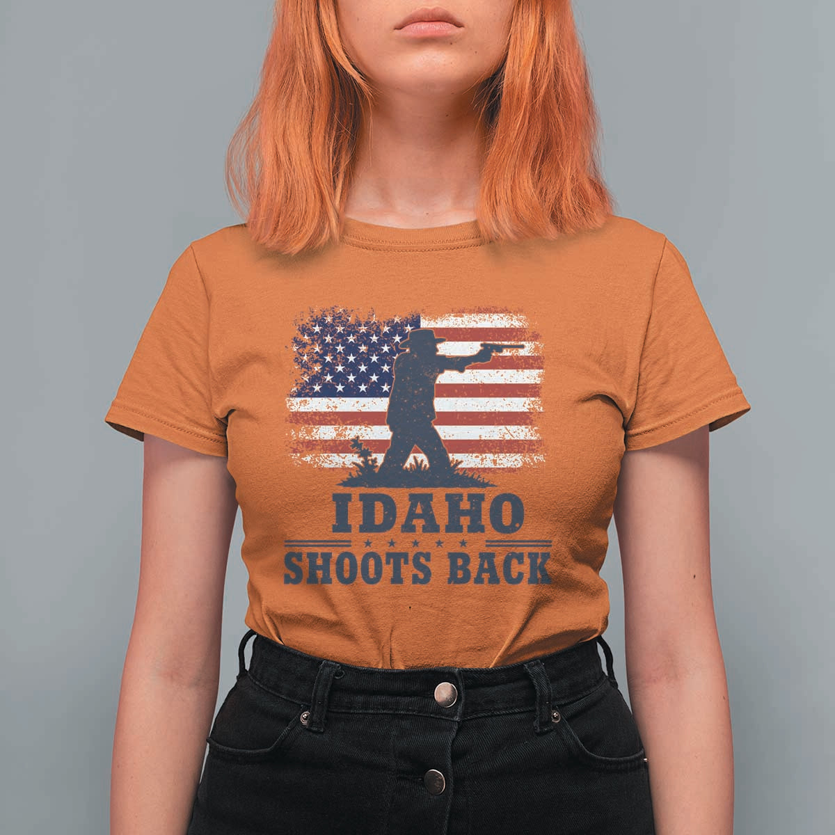 Idaho Shoots Back Distressed American Flag T Shirt For Women Cowboy Gunslinger Graphic