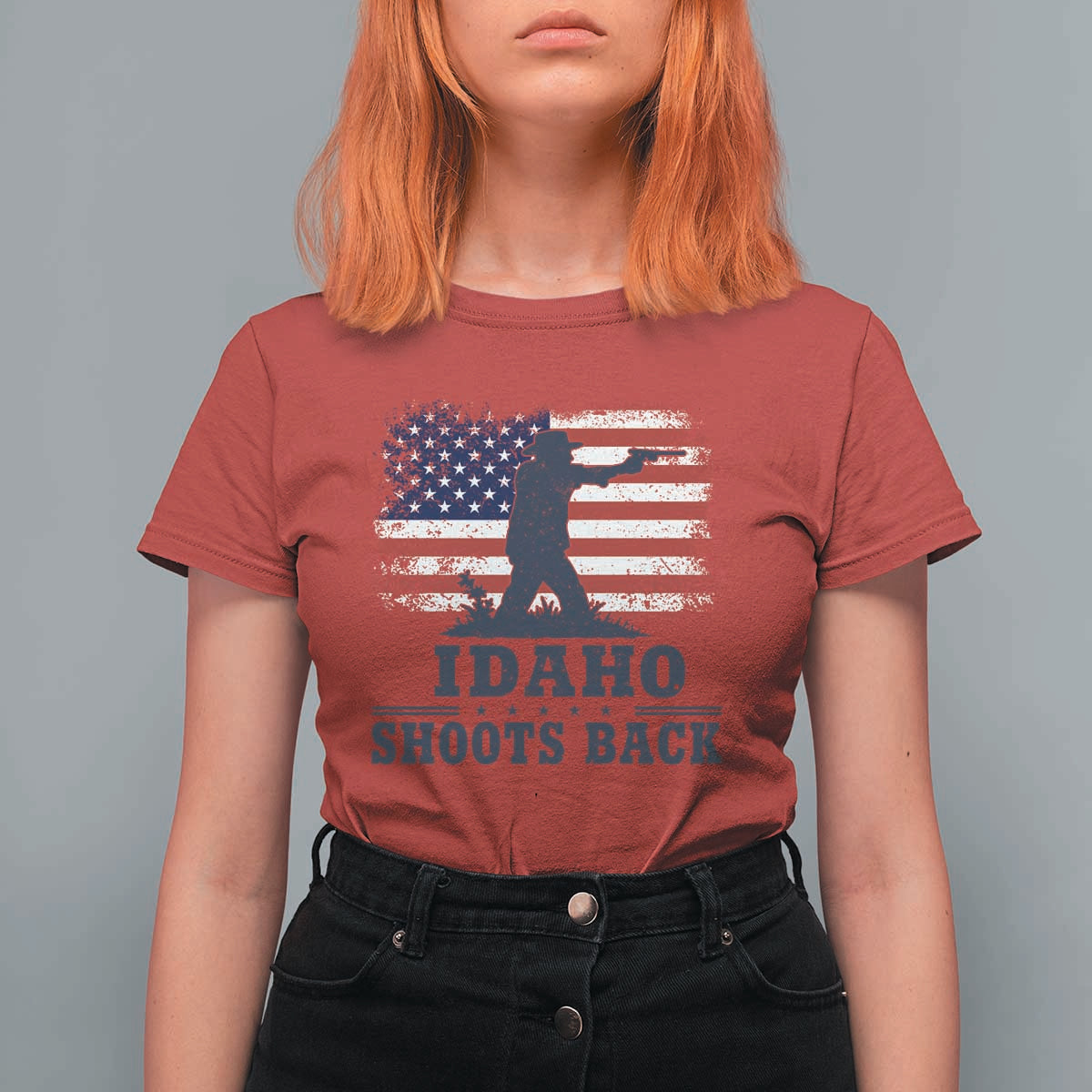 Idaho Shoots Back Distressed American Flag T Shirt For Women Cowboy Gunslinger Graphic