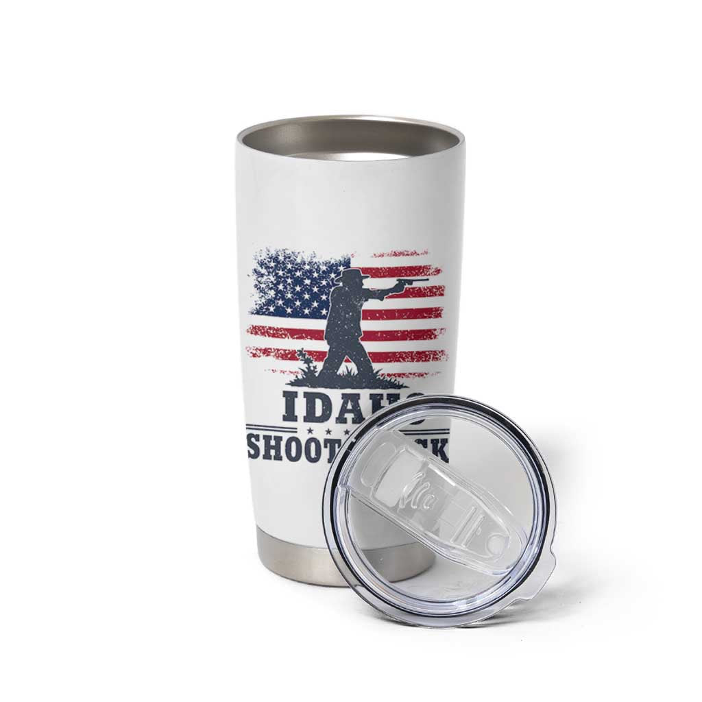 Idaho Shoots Back Distressed American Flag Tumbler Cup Cowboy Gunslinger Graphic