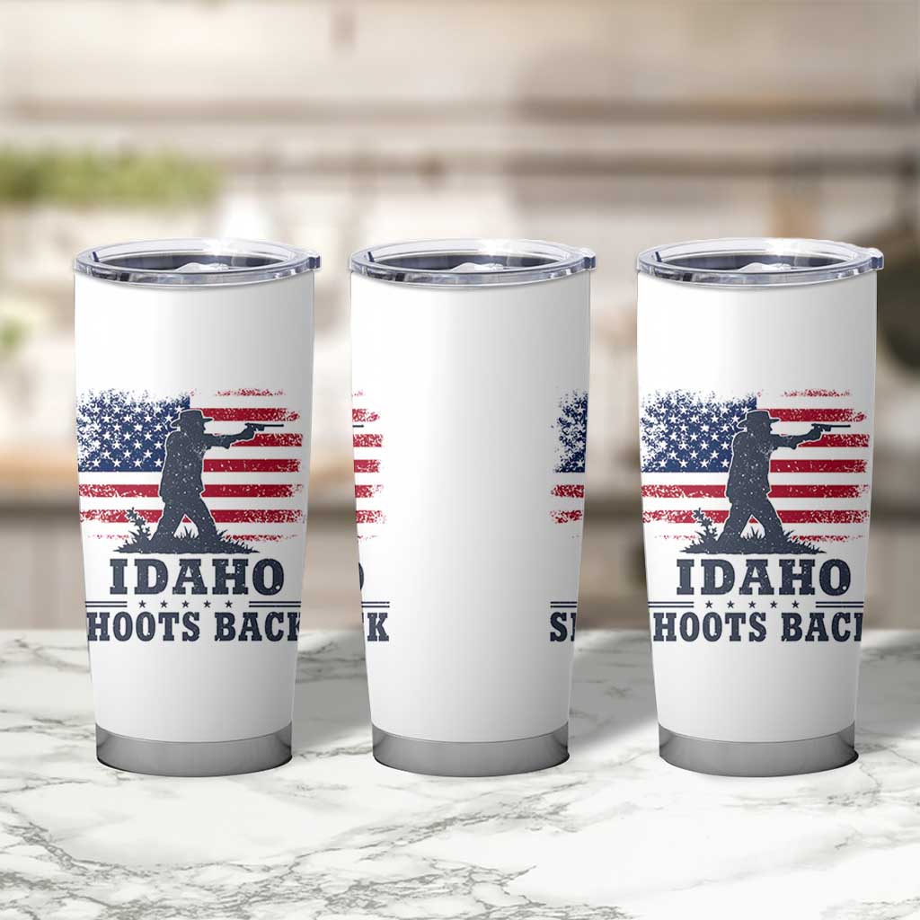 Idaho Shoots Back Distressed American Flag Tumbler Cup Cowboy Gunslinger Graphic