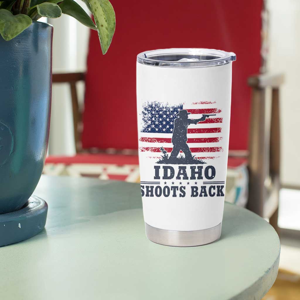 Idaho Shoots Back Distressed American Flag Tumbler Cup Cowboy Gunslinger Graphic