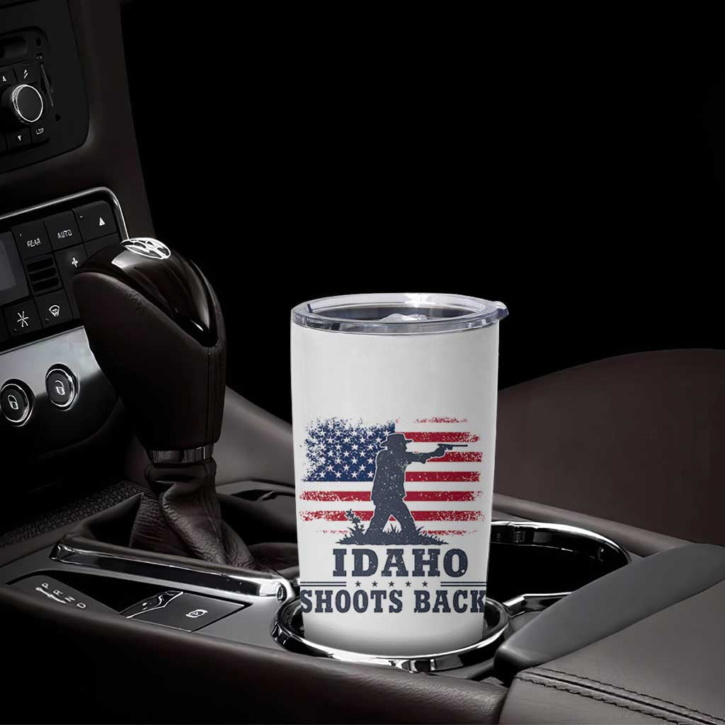 Idaho Shoots Back Distressed American Flag Tumbler Cup Cowboy Gunslinger Graphic