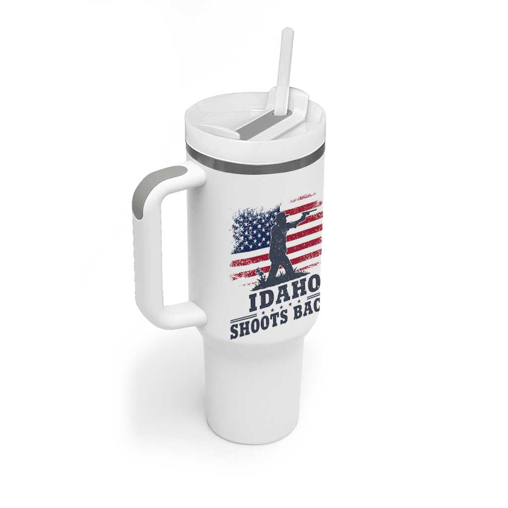 Idaho Shoots Back Distressed American Flag Tumbler With Handle Cowboy Gunslinger Graphic