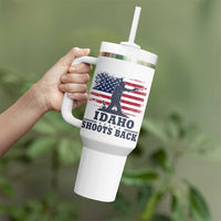 Idaho Shoots Back Distressed American Flag Tumbler With Handle Cowboy Gunslinger Graphic